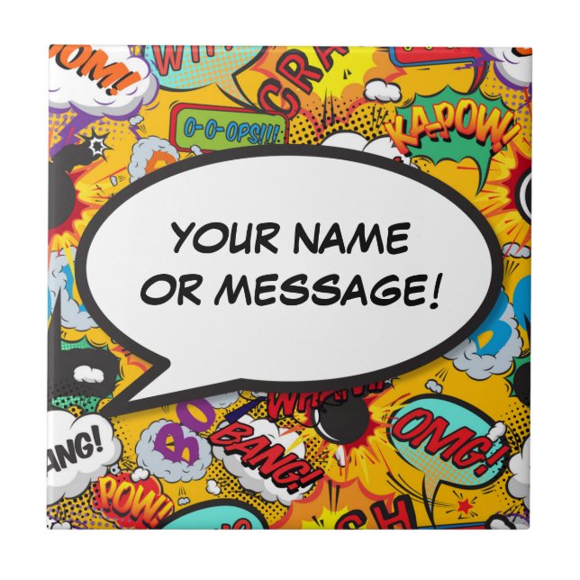 Your Message Speech Bubble Fun Retro Comic Book Tile (Front)