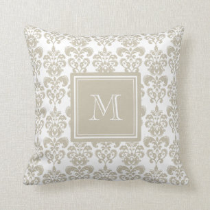 Your Monogram, Beige Damask Pattern 2 Cushion