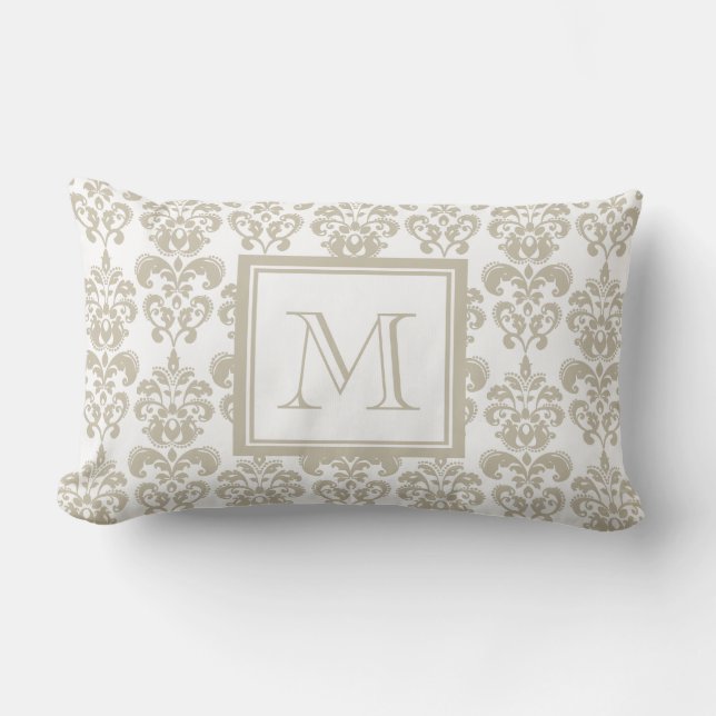 Your Monogram, Beige Damask Pattern 2 Lumbar Cushion (Front)