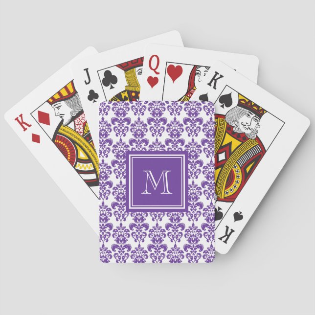 Your Monogram, Dark Purple Damask Pattern 2 Playing Cards (Back)
