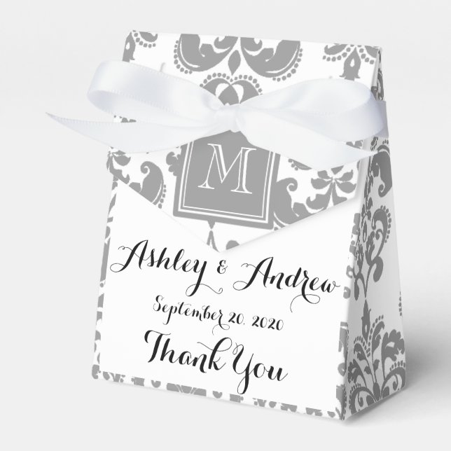 Your Monogram, Grey Damask Pattern 2 Favour Box (Front Side)