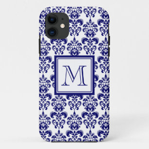Your Monogram, Navy Blue Damask Pattern 2 iPhone 11 Case
