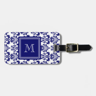 Your Monogram, Navy Blue Damask Pattern 2 Luggage Tag