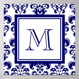 Your Monogram, Navy Blue Damask Pattern 2 Poster