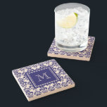 Your Monogram, Navy Blue Damask Pattern 2 Stone Coaster<br><div class="desc">Beautiful shade of navy blue and white vintage damask pattern is a perfect gift for her. Personalise with your monogram, or your initial, or your letter or your name. Use the template field or select “customise it” for more editing options to make your own, unique, one of a kind design....</div>