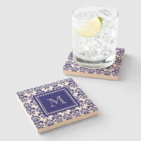 Your Monogram, Navy Blue Damask Pattern 2