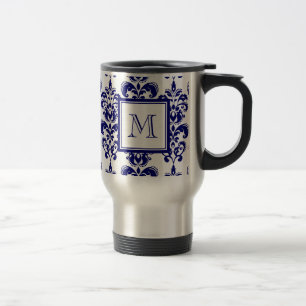 Your Monogram, Navy Blue Damask Pattern 2 Travel Mug