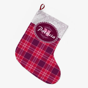 YOUR MONOGRAM ON LACE & PINK TARTAN PLAID PATTERN LARGE CHRISTMAS STOCKING