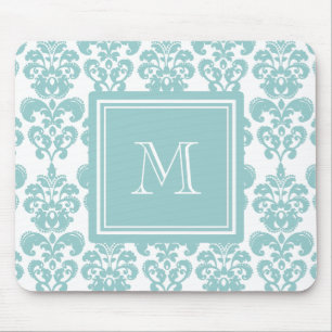 Your Monogram, Teal Damask Pattern 2 Mouse Pad
