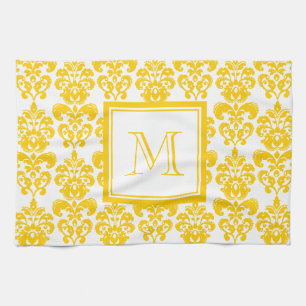 Your Monogram, Yellow Damask Pattern 2 Tea Towel