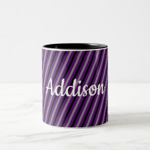 Your Name and Colour on Black and Grey Striped Two-Tone Coffee Mug