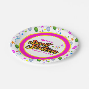 Your Name and Date Pink and Yellow Sweet Sixteen Paper Plate