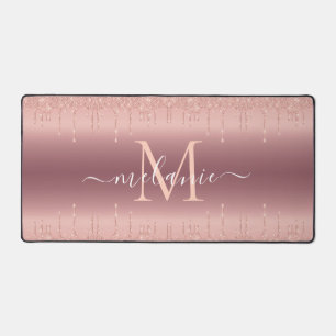 Your Name and Letter Rose Gold Blush Glitter Desk Mat