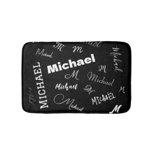 Your name and monogram custom pattern black bath mat