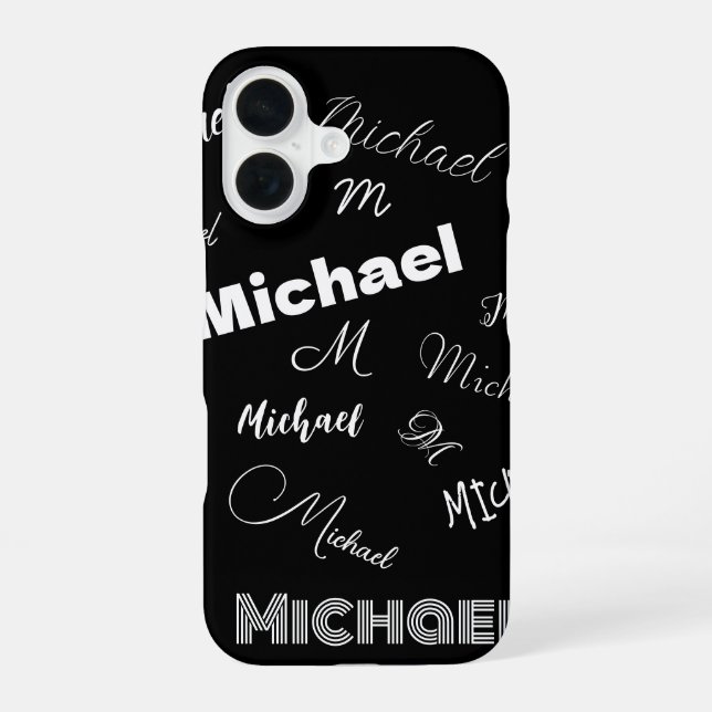 Your name and monogram custom pattern black iPhone 16 case (Back)