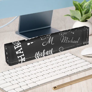Your name and monogram custom pattern black nameplate