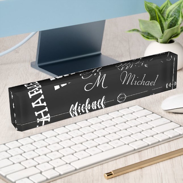 Your name and monogram custom pattern black nameplate