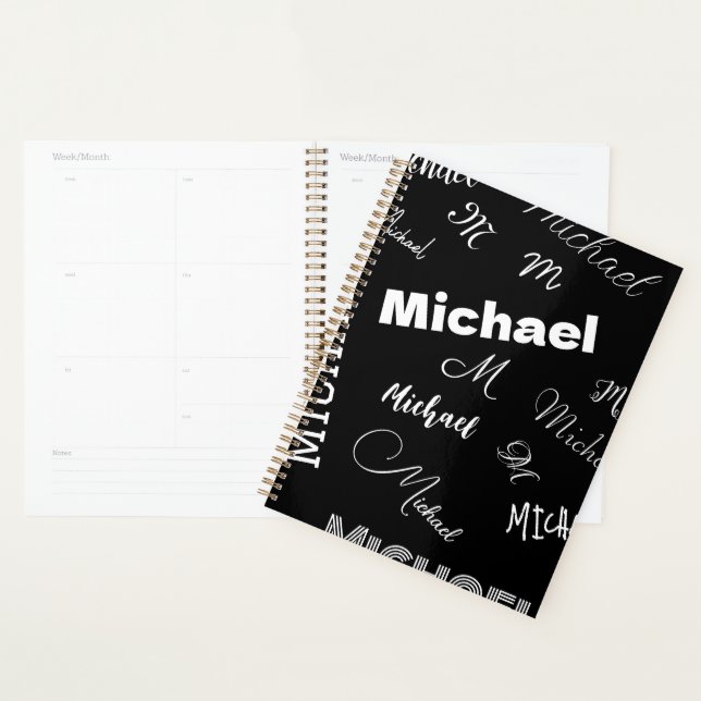 Your name and monogram custom pattern black planner (Display)