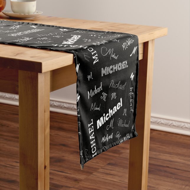 Your name and monogram custom pattern black short table runner (In Situ)