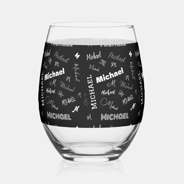 Your name and monogram custom pattern black stemless wine glass (Front)