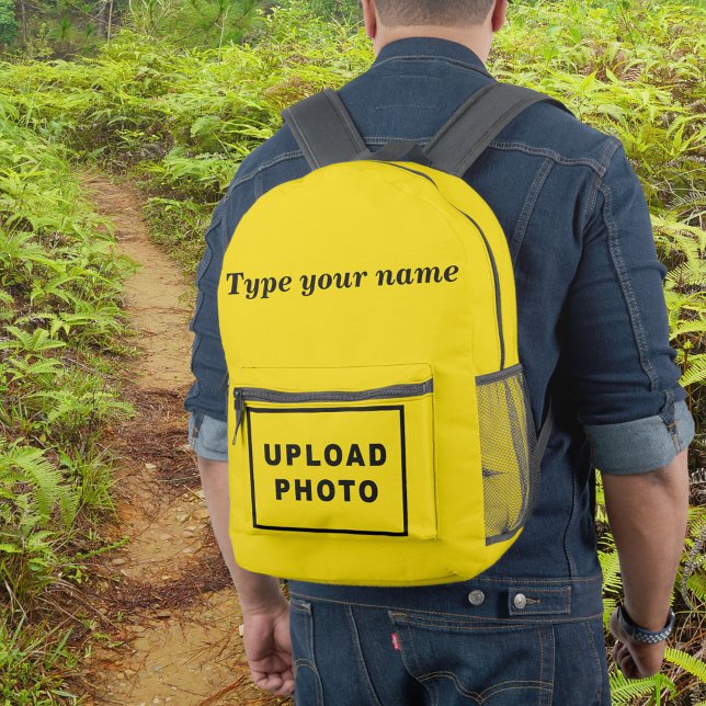 Your Name and Photo on Yellow Backpack (Yellow backpack with your name and photo on male model.)