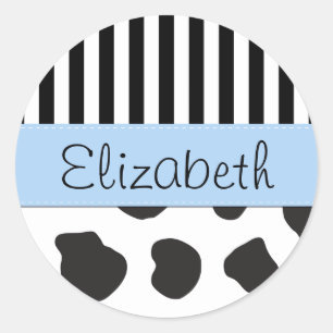 Your Name - Animal Print, Cow Spots - Black White Classic Round Sticker
