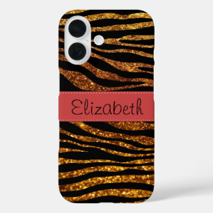 Your Name - Animal Print, Zebra, Glitter - Gold iPhone 16 Case
