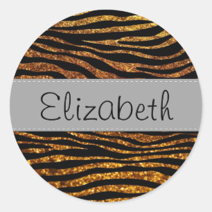 Your Name - Animal Print, Zebra, Glitter - Gold Classic Round Sticker