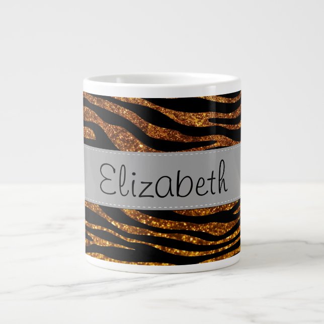 Your Name - Animal Print, Zebra, Glitter - Gold Large Coffee Mug (Front)