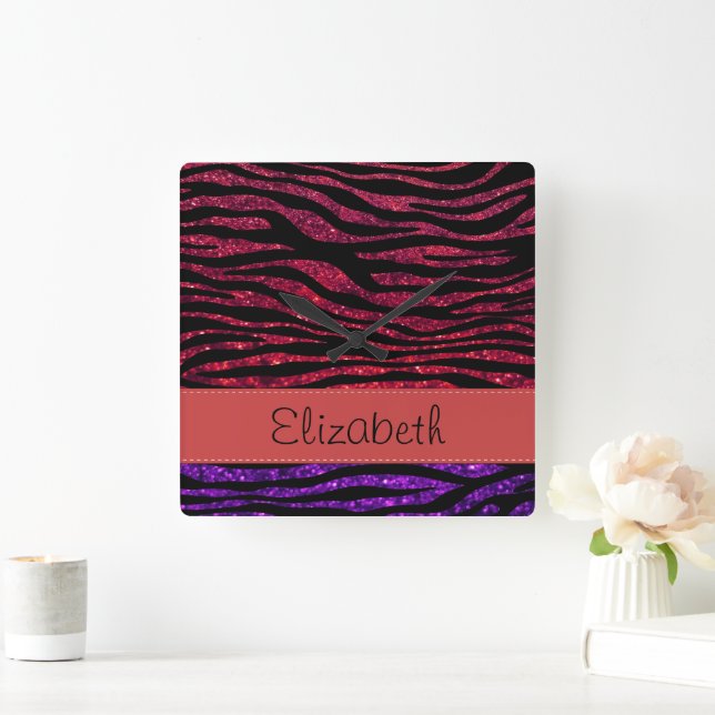 Your Name - Animal Print, Zebra, Glitter - Purple Square Wall Clock (Home)