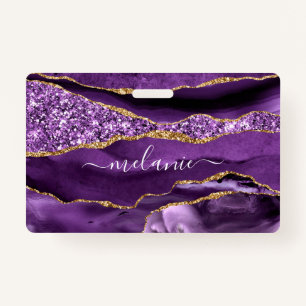 Your Name Badge Agate Purple Violet Gold Marble ID Badge