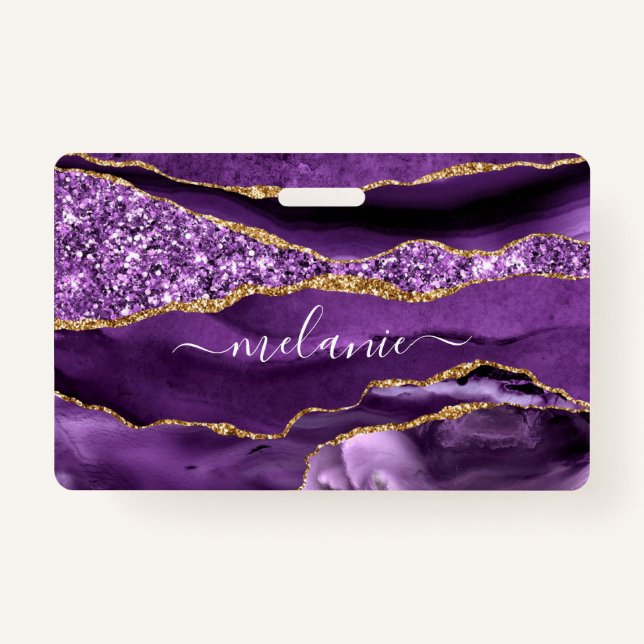 Your Name Badge Agate Purple Violet Gold Marble ID Badge (Front)
