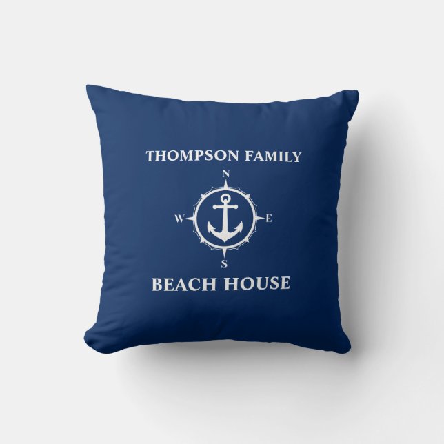 Your Name Beach House Compass Anchor Blue Cushion (Front)