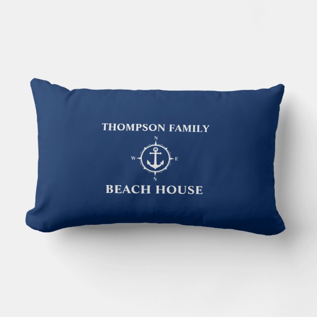 Your Name Beach House Compass Anchor Blue Lumbar Cushion (Front)