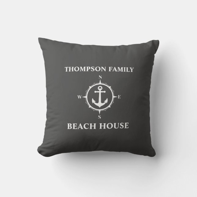 Your Name Beach House Compass Anchor Grey Cushion (Front)