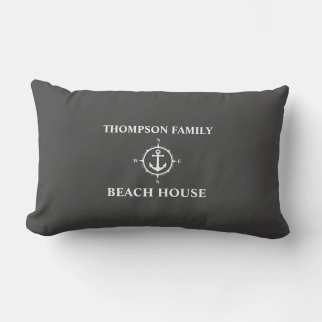 Your Name Beach House Compass Anchor Grey Lumbar Cushion (Front)