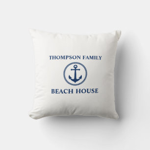 Your Name Beach House Sea Anchor Navy Blue White Cushion
