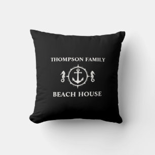 Your Name Beach House Seahorse Anchor Black sh0a Cushion