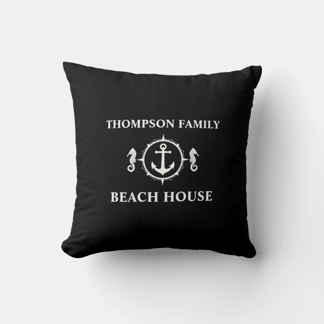 Your Name Beach House Seahorse Anchor Black sh0a Cushion (Front)