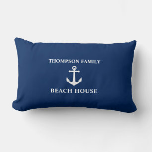 Your Name Beach House Vintage Anchor Blue Lumbar Cushion
