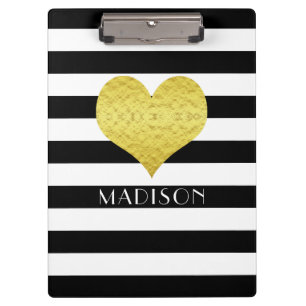 Your Name Black White Gold Heart Pattern Clipboard