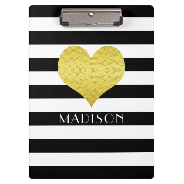 Your Name Black White Gold Heart Pattern Clipboard (Front)