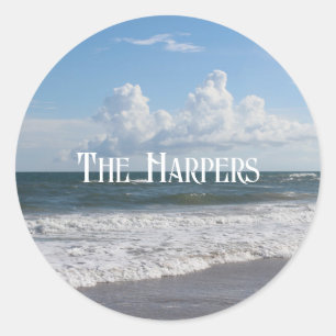 Your Name Blue Sky Fat Clouds & Rolling Surf Photo Classic Round Sticker