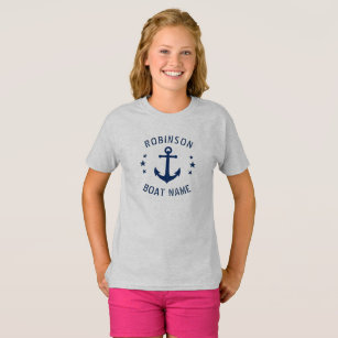 Your Name & Boat Vintage Anchor Stars Blue & Grey T-Shirt