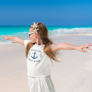 Your Name & Boat Vintage Anchor Stars Blue & White T-Shirt
