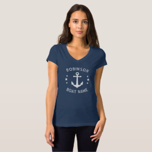 Your Name & Boat Vintage Anchor Stars Navy & White T-Shirt