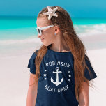 Your Name & Boat Vintage Anchor Stars Navy & White T-Shirt<br><div class="desc">Girls stylish T-Shirt with your personal name and boat name or other desired text,  a custom vintage anchor and stars in white on classic navy blue. Makes a great gift for any occasion.</div>