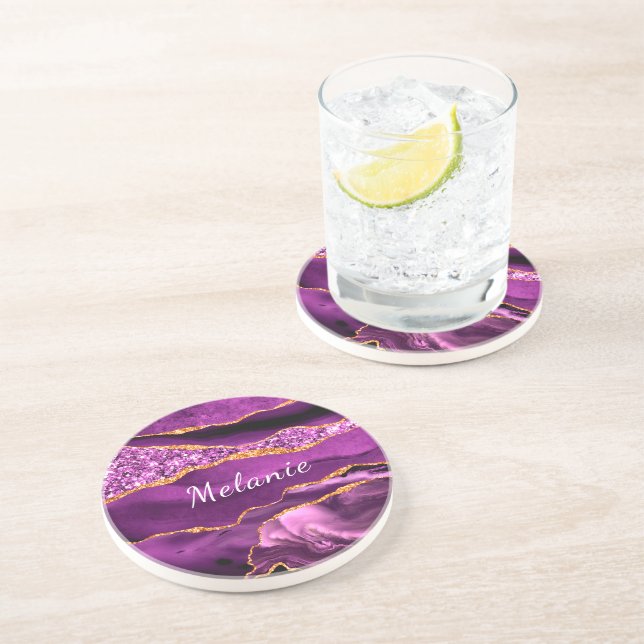 Your Name Coaster Gift Agate Purple Violet Gold (Side)