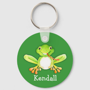 Your name cute fun frog green keychain