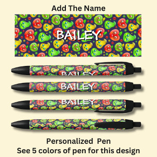Your Name,  Cute Red Apples Green Pears Black Ink Pen